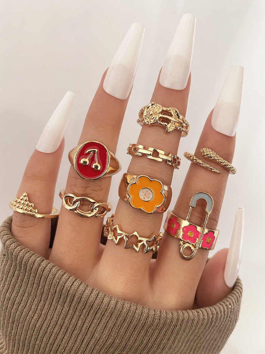 9 piezas/set Anillo flor & con diseño de pin de seguridad - Amarillo Oro - Ver 1