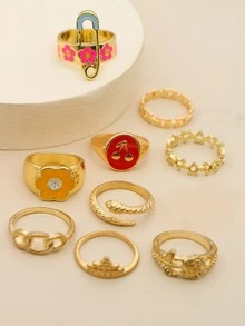 9 piezas/set Anillo flor & con diseño de pin de seguridad - Amarillo Oro - Ver 2