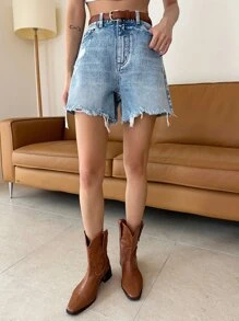 DAZY High Waist Ripped Raw Hem Denim Shorts - Light Wash - View 6