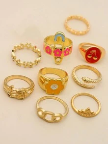 9 piezas/set Anillo flor & con diseño de pin de seguridad - Amarillo Oro - Ver 4