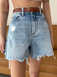 DAZY High Waist Ripped Raw Hem Denim Shorts - Light Wash - View 8