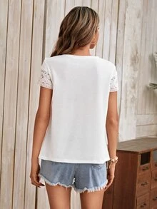 SHEIN LUNE Contrast Guipure Lace Waffle Knit Tee - White - View 2