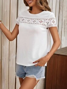 SHEIN LUNE Contrast Guipure Lace Waffle Knit Tee - White - View 3