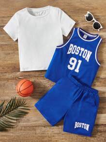 SHEIN Bộ thời trang bé trai Túi Lá thư Giải trí - Xanh và trắng - Xem 1