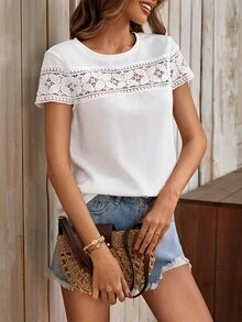 SHEIN LUNE Contrast Guipure Lace Waffle Knit Tee - White - View 4