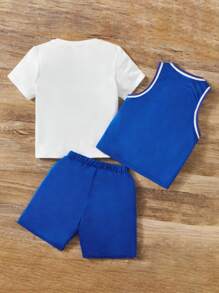SHEIN Bộ thời trang bé trai Túi Lá thư Giải trí - Xanh và trắng - Xem 2