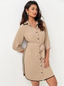 BizChic Contrast Binding Belted Shirt Dress Workwear