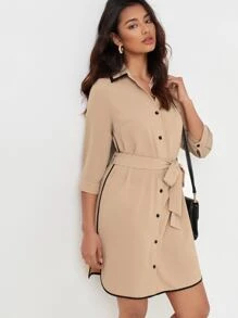 BizChic Contrast Binding Belted Shirt Dress Workwear