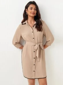 BizChic Contrast Binding Belted Shirt Dress Workwear