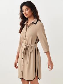BizChic Contrast Binding Belted Shirt Dress Workwear