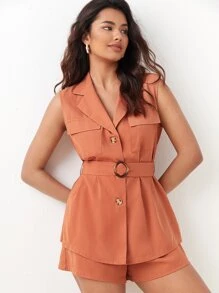 BizChic Flap Pocket Belted Vest Blouse & Shorts