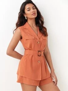 BizChic Flap Pocket Belted Vest Blouse & Shorts