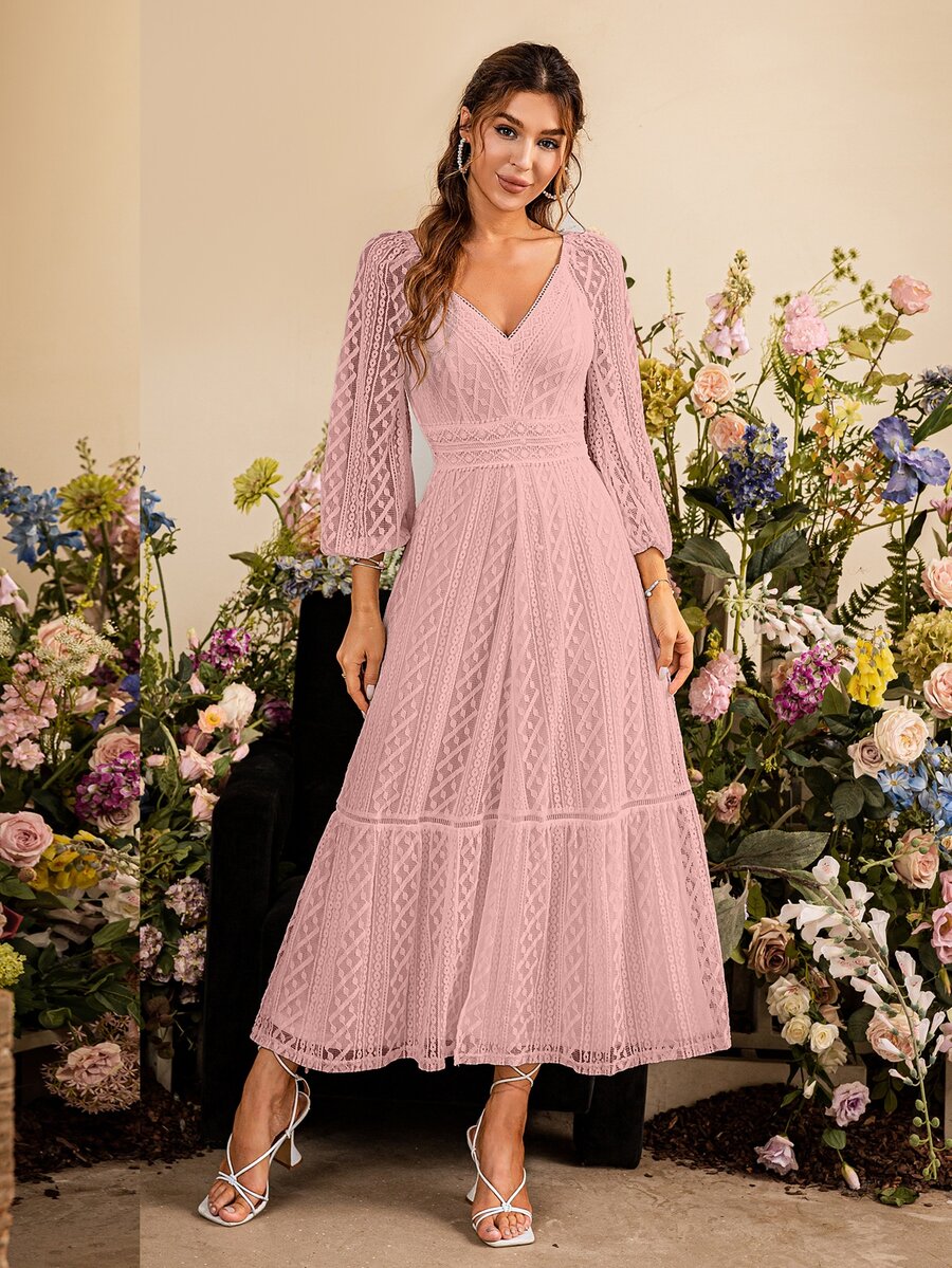 Simplee Shirred Back Lantern Sleeve Split Hem Lace Splicing Valentines Dress - Dusty Pink - View 1