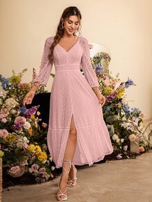 Simplee Shirred Back Lantern Sleeve Split Hem Lace Splicing Valentines Dress - Dusty Pink - View 3