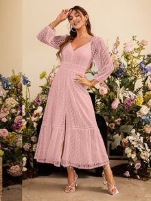 Simplee Shirred Back Lantern Sleeve Split Hem Lace Splicing Valentines Dress - Dusty Pink - View 4