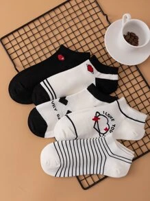 5pairs Striped & Heart Pattern Ankle Socks - Multicolor - View 5