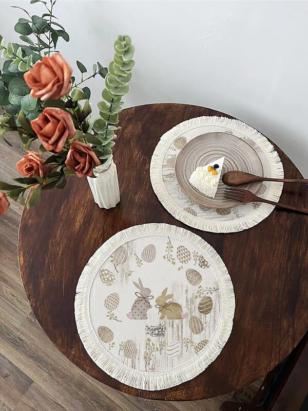 1pc Easter Egg & Rabbit Pattern Place Mat, Cute Polyester Tassel Decor Place Mat For Dining Table