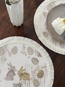1pc Easter Egg & Rabbit Pattern Place Mat, Cute Polyester Tassel Decor Place Mat For Dining Table