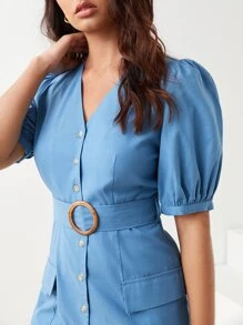 BizChic 棉泡泡袖翻蓋口袋繫腰帶洋裝工作服