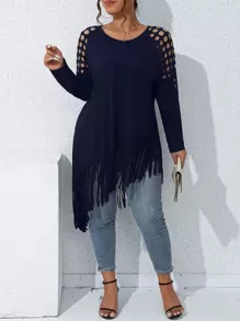 SHEIN LUNE Camiseta de hombros con abertura bajo con fleco - Azul Marino - Ver 1