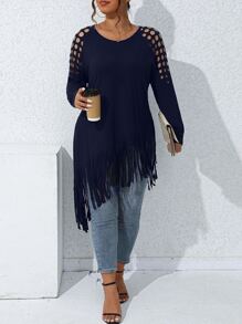 SHEIN LUNE Camiseta de hombros con abertura bajo con fleco - Azul Marino - Ver 3