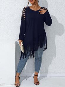 SHEIN LUNE Camiseta de hombros con abertura bajo con fleco - Azul Marino - Ver 5