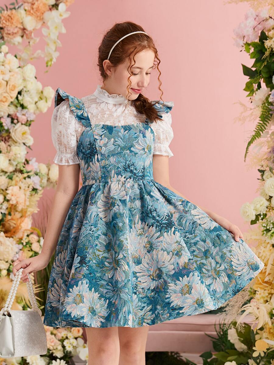 SHEIN 青少年女孩印花荷葉邊洋裝和小高領泡泡袖上衣