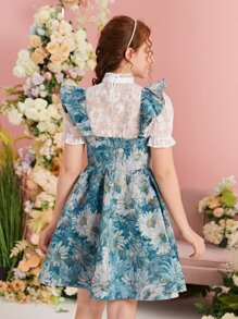 SHEIN 青少年女孩印花荷葉邊洋裝和小高領泡泡袖上衣