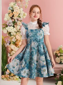 SHEIN 青少年女孩印花荷葉邊洋裝和小高領泡泡袖上衣