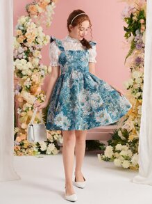 SHEIN 青少年女孩印花荷葉邊洋裝和小高領泡泡袖上衣