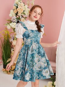 SHEIN 青少年女孩印花荷葉邊洋裝和小高領泡泡袖上衣