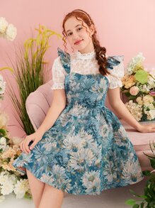 SHEIN 青少年女孩印花荷葉邊洋裝和小高領泡泡袖上衣