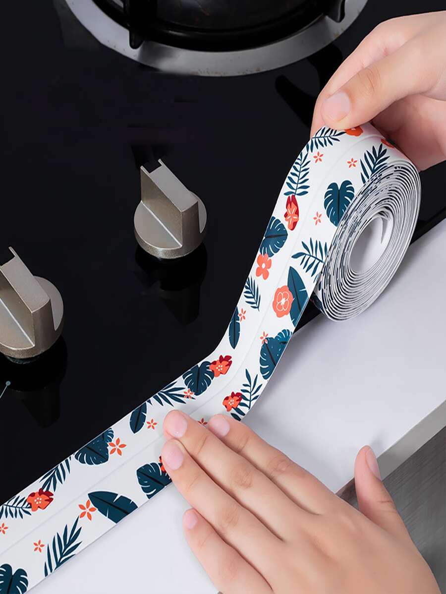 1pc Tropical Leaf Pattern Waterproof Tape, Modern Leaf Print PVC Waterproof Tile Decoration Seam Tape For Kitchen - White - View 1