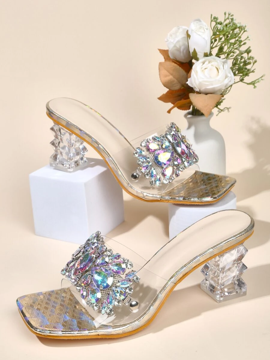 Women Rhinestone Decor Clear Strap Sculptural Heeled Mule Sandals, Glamorous Party Heeled Sandals - Gold - View 1