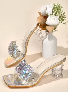 Women Rhinestone Decor Clear Strap Sculptural Heeled Mule Sandals, Glamorous Party Heeled Sandals - Gold - View 2