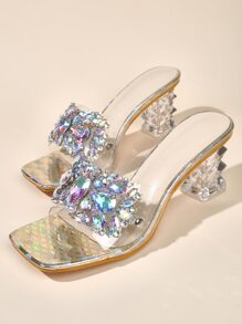 Women Rhinestone Decor Clear Strap Sculptural Heeled Mule Sandals, Glamorous Party Heeled Sandals - Gold - View 3