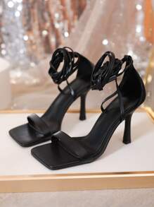 女性腿部繫帶設計細跟綁帶涼鞋優雅戶外高跟涼鞋 - 黑色 - 查看 3