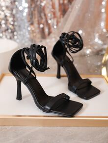 女性腿部繫帶設計細跟綁帶涼鞋優雅戶外高跟涼鞋 - 黑色 - 查看 4