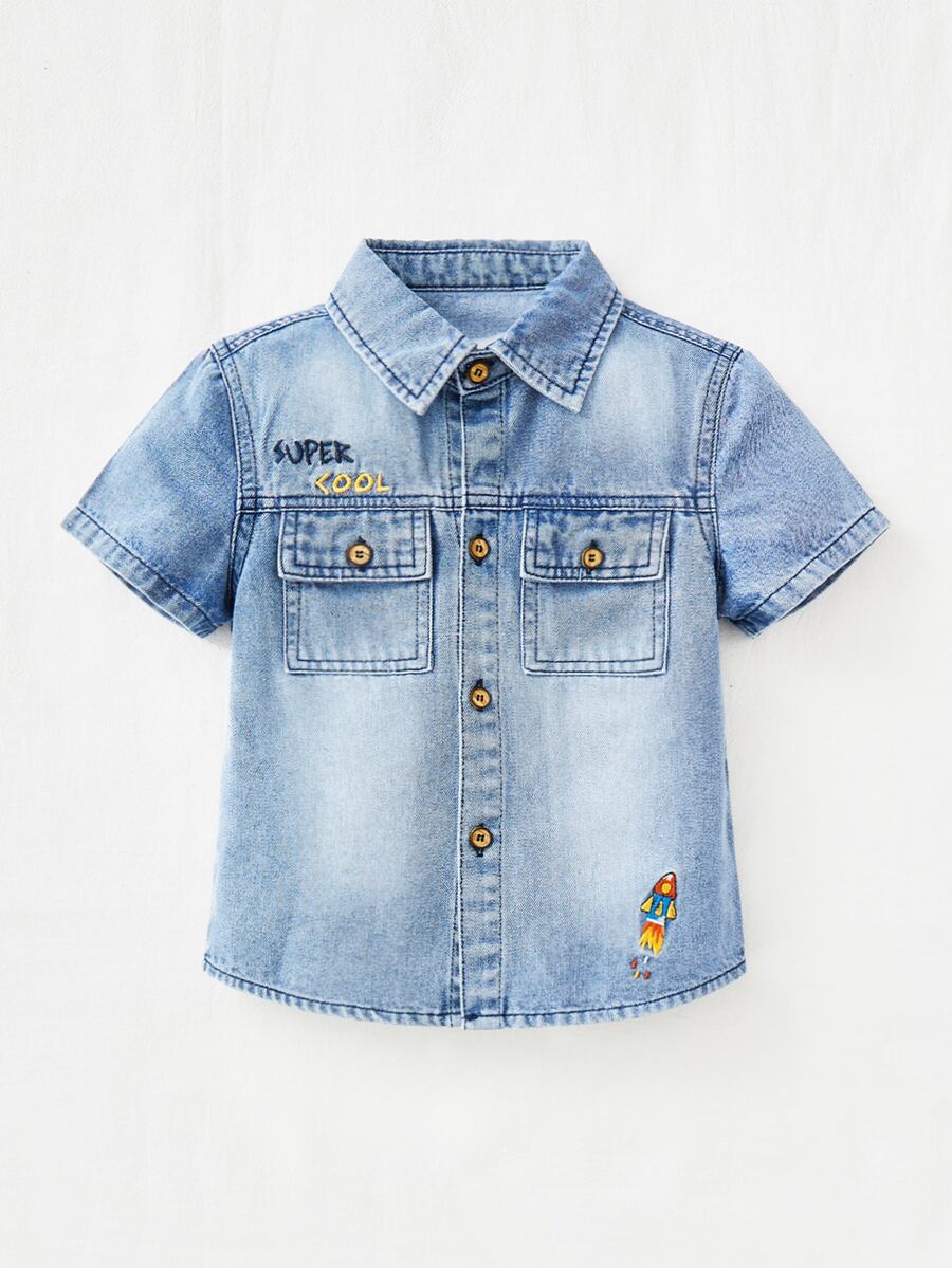 小男童字母刺繡牛仔襯衫