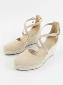 女士交叉編織踝帶楔形淺口鞋度假仿麂皮坡跟鞋,編織防水台鞋適合女士,杏顏色