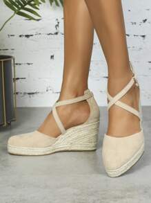 女士交叉編織踝帶楔形淺口鞋度假仿麂皮坡跟鞋,編織防水台鞋適合女士,杏顏色