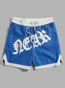ROMWE MEN Prep 男式字母图案抽绳腰部撞色饰边短裤，学校 - 藍色 - 查看 1