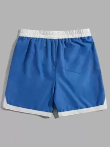 ROMWE MEN Prep 男式字母图案抽绳腰部撞色饰边短裤，学校 - 藍色 - 查看 2