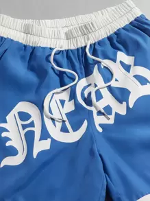 ROMWE MEN Prep 男式字母图案抽绳腰部撞色饰边短裤，学校 - 藍色 - 查看 3