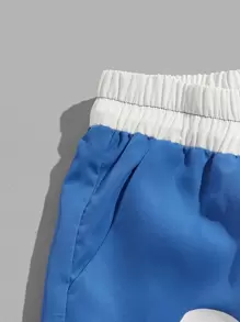 ROMWE MEN Prep 男式字母图案抽绳腰部撞色饰边短裤，学校 - 藍色 - 查看 4