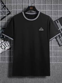 Manfinity Homme 男士幾何印花條紋飾邊T恤 - 黑色 - 查看 3