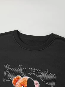 Men Letter & Cartoon Graphic Pullover - Black - View 4