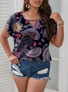 SHEIN LUNE Plus Paisley Print Keyhole Neckline Batwing Sleeve Blouse - Black - View 1