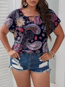 SHEIN LUNE Plus Paisley Print Keyhole Neckline Batwing Sleeve Blouse - Black - View 4