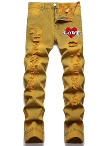 男士心形与字母拼布破洞磨边碎布缝线破洞磨边牛仔裤 - 芥末黃 - 查看 1